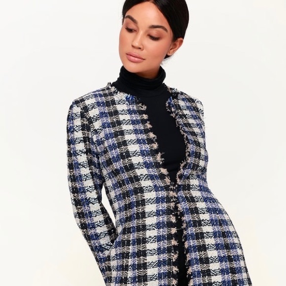 Upper East Side Multi Plaid Navy Blue Tweed Coat - Picture 2 of 3